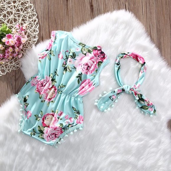 NEW Baby Girl's Mint Floral Romper with Headband - Picture 2 of 3